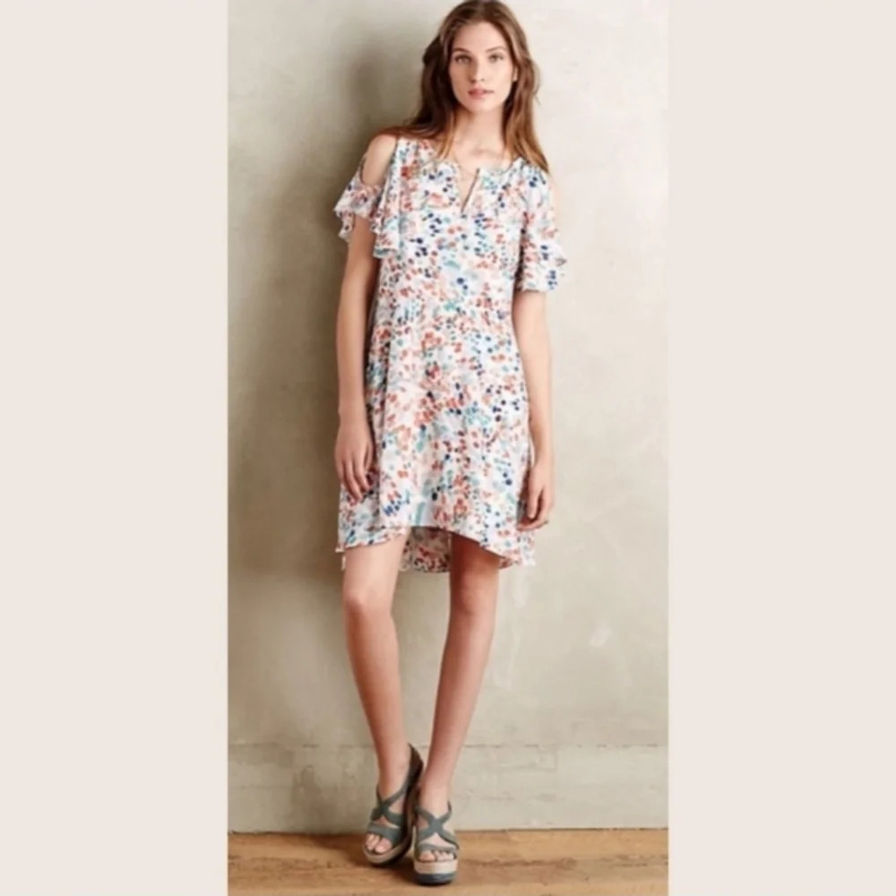 Anthropologie Maeve Flutter Watercolor Sleeve Dress Open Shoulder Size Medium